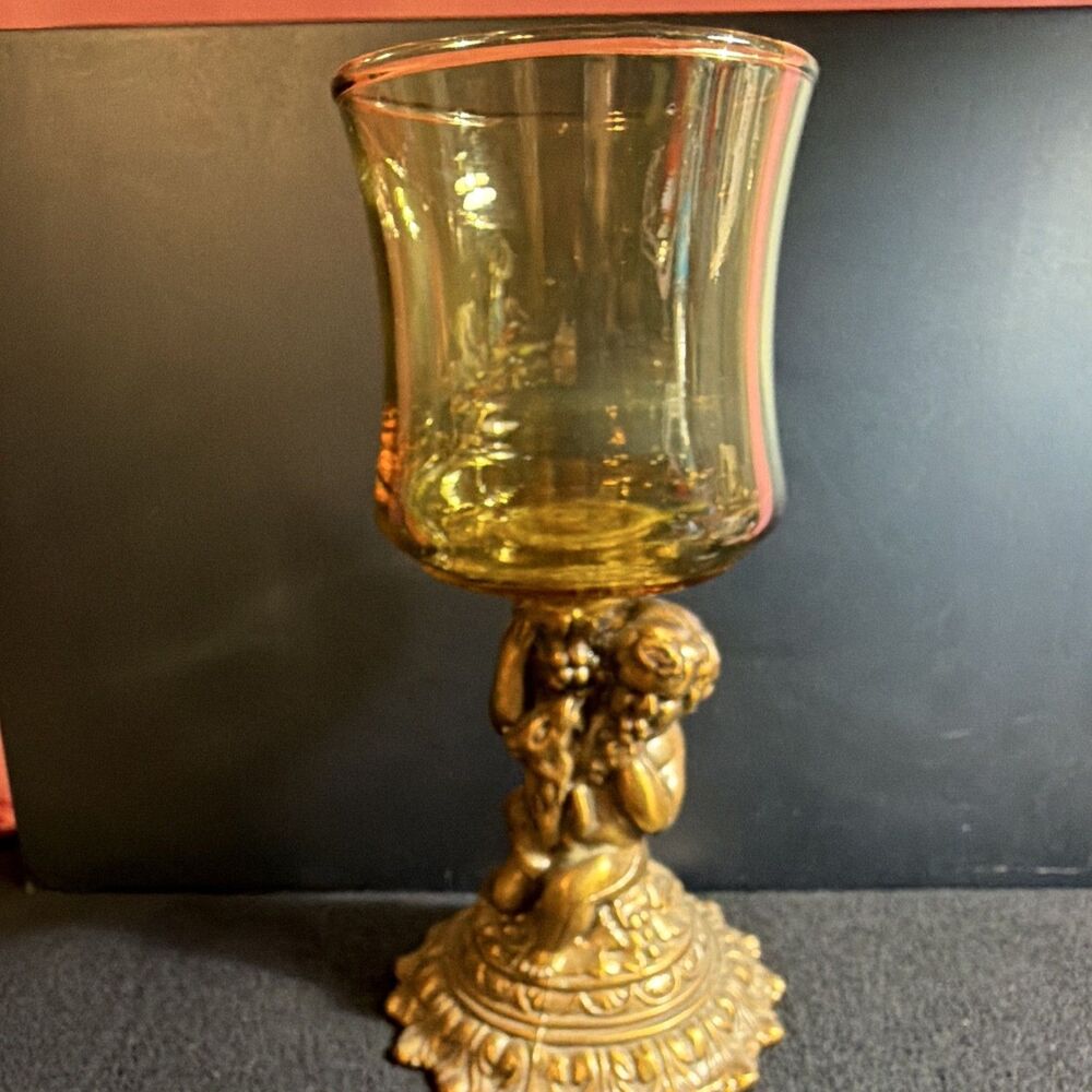 Vintage Hollywood Regency Amber Glass Cherub Candle Holder Chalice Votive Stand